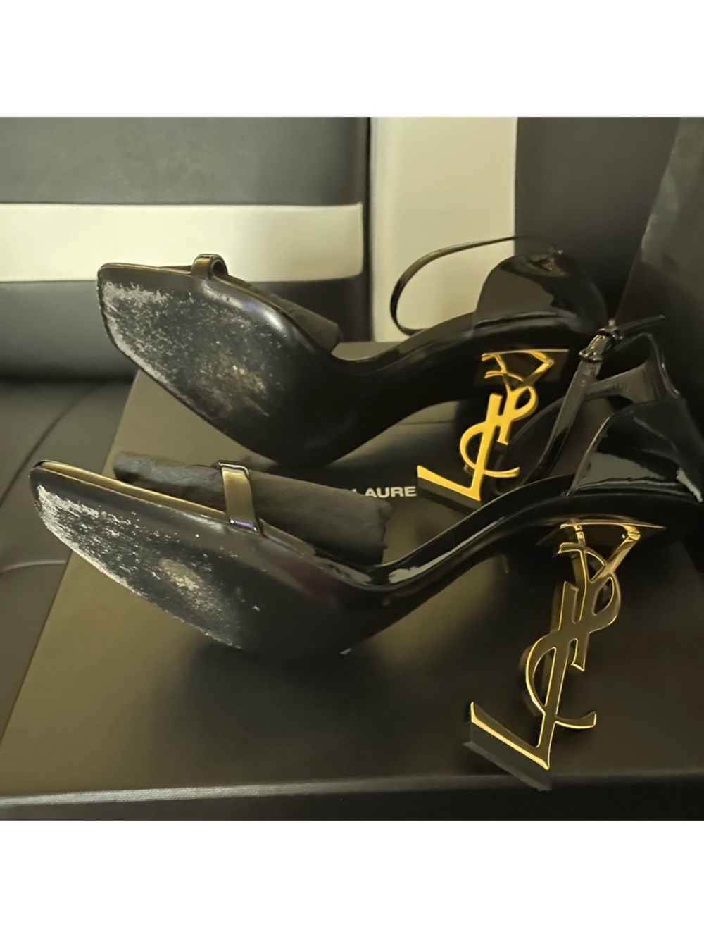 Saint Laurent Black Patent Leather Opyum Sandal with Gold Logo Heel - Picture 5 of 6